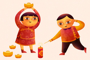 Cute children lighting firecrackers