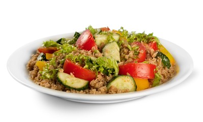 Collage of  different salads isolated on white