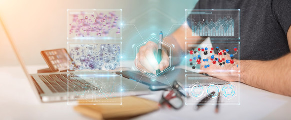 Graphic designer using modern microscope with digital analysis 3D rendering