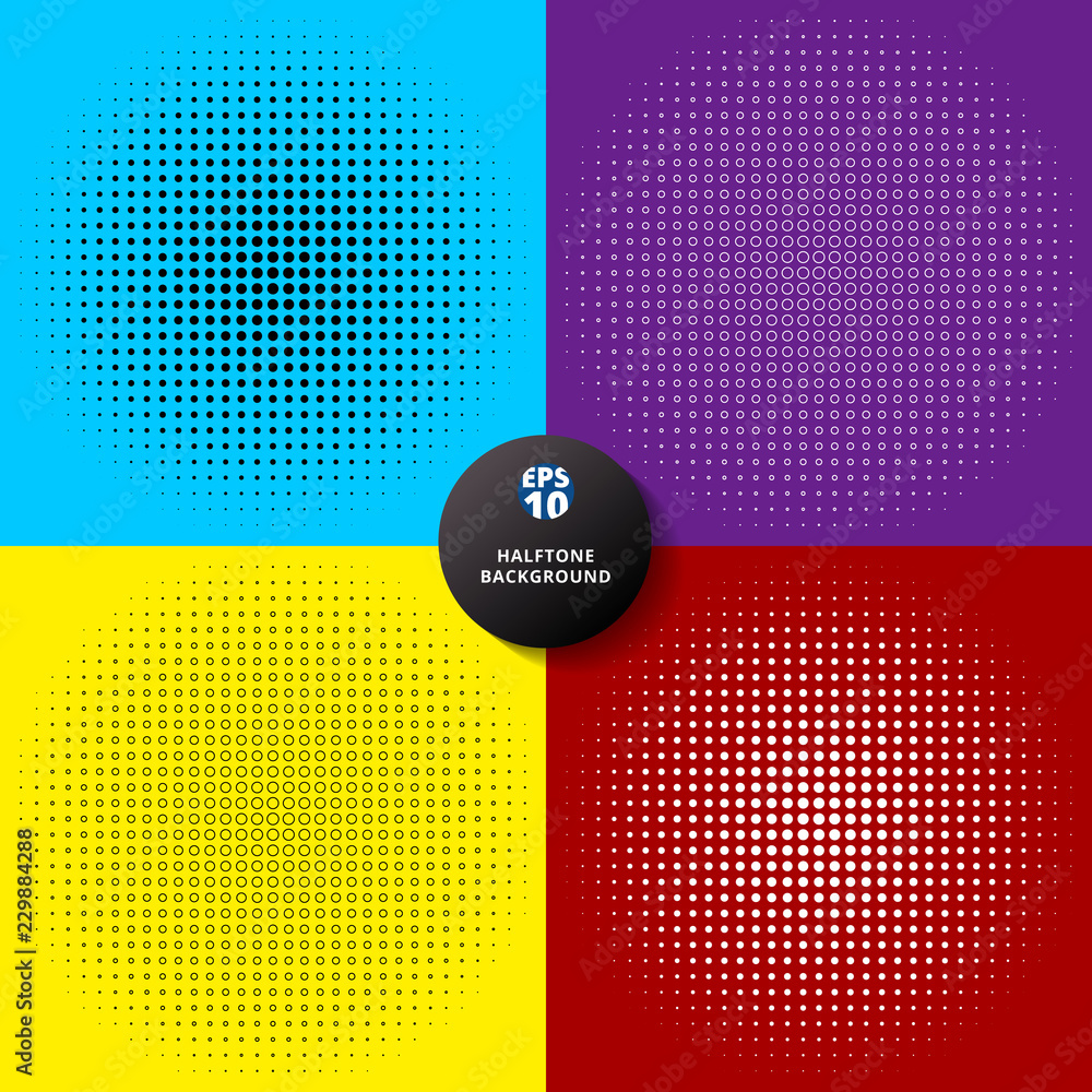 Poster set of abstract radial dotted halftone circle background and texture.