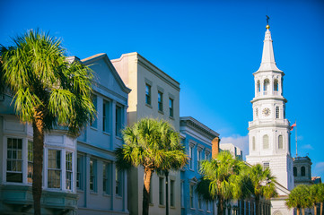 Scenic morning skyline view of colorful traditional Southern architecture on a historic street with palmetto palms in Charleston, South Carolina, USA