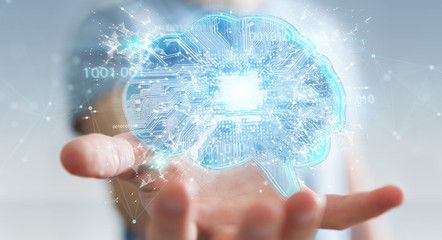 Businessman creating artificial intelligence in a digital brain 3D rendering