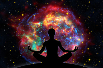 Female yoga figure against  universe background with Supernova explosion. - obrazy, fototapety, plakaty