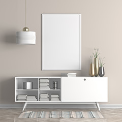 Mock up poster frame in Scandinavian style hipster interior. 3D illustration.