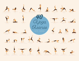 40 Yoga Asanas with names - obrazy, fototapety, plakaty