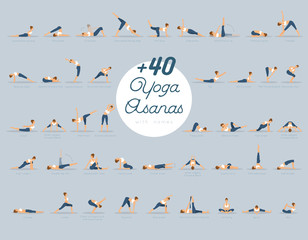 +40 Yoga Asanas with names - obrazy, fototapety, plakaty