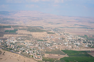 The Sea of Galilee or Kinneret lake   from Mountain Arbel national park. bird's eye panorama view