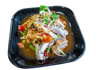 Papaya salad with Blue swimming crab in black dish