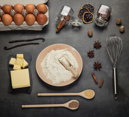 Set of fresh ingredients to make a soft fluffy dough