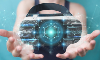 Businesswoman using virtual reality glasses technology 3D rendering