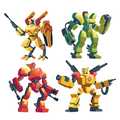 Vector cartoon set with armed transformers, human soldiers in robotic combat exoskeletons with guns isolated on background. Battle robots with weapon, cyborg humanoids. Characters for computer games