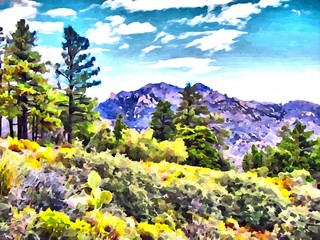 Hand drawing watercolor art on canvas. Artistic big print. Original modern painting. Acrylic dry brush background. Wonderful mountain landscape. Active sport resort. Travel time. Sunny day.