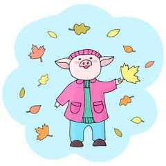 Vector pig in autumn in leaves