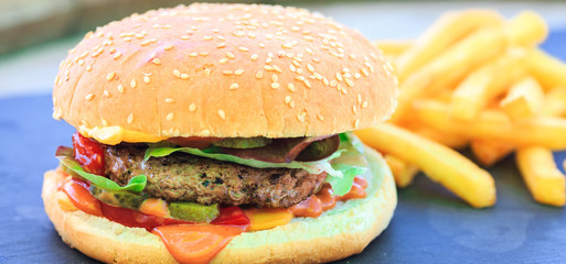 cheeseburger maison avec ses frites belges