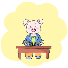 Vector piggy reading a book
