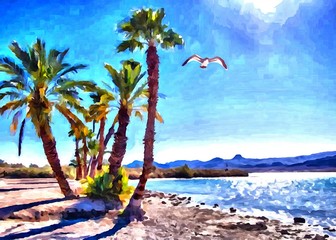 Hand drawing watercolor art on canvas. Artistic big print. Original modern painting. Acrylic dry brush background. Wonderful sea beach landscape. Exotic tropical resort. Charming paradise view.