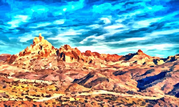 Hand drawing watercolor art on canvas. Artistic big print. Original modern painting. Acrylic dry brush background. Wonderful mountain landscape. Canyon savanna resort. Travel time