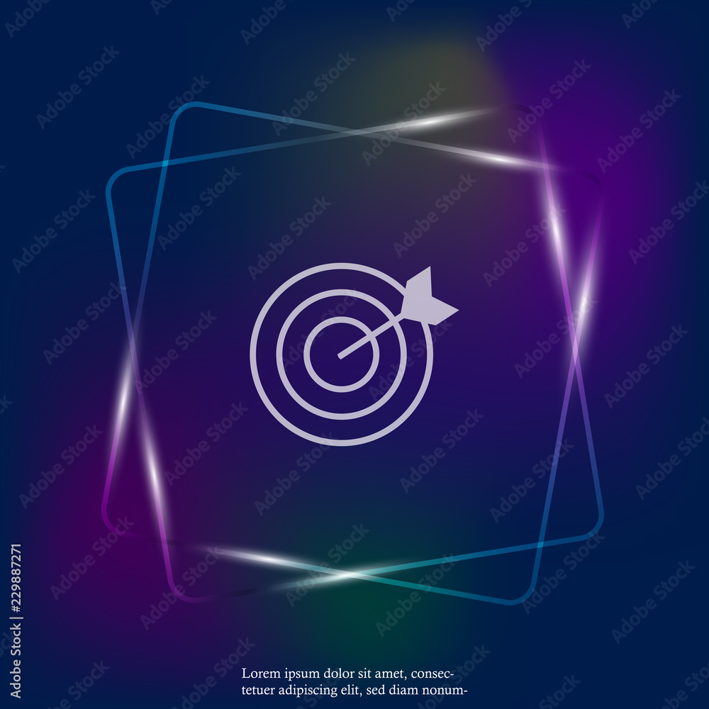 Poster vector neon light image of a target pierced by an arrow, a dart. flat vector illustration dart. laye