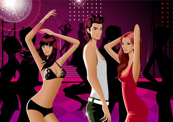 Portrait of a man with two women dancing in a nightclub