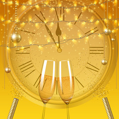 Shiny Christmas and New Year greeting card with glasses of champagne and clock.