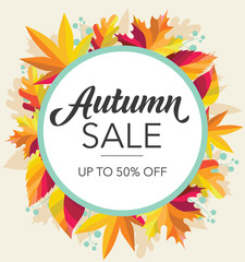 Autumn sale graphic with bright, colorful leaves in the background