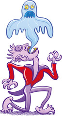 Halloween scene showing a vampire opening his mouth, contorting and suffering a painful transformation consisting on expelling a blue ghost