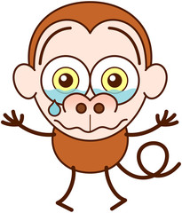Cute brown monkey in minimalist style with big rounded ears, bulging eyes and long tail while crying bitterly and showing a very sad and dispirited mood