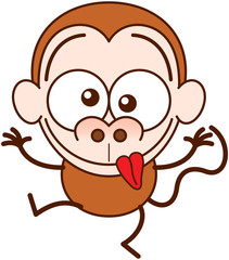 Fototapeta premium Funny brown monkey in minimalist style with big rounded ears and long tail while raising its arms, crossing its bulging eyes, sticking its tongue out and making funny faces