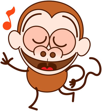 Cute brown monkey in minimalist style with big rounded ears and long tail while closing its bulging eyes, smiling generously and dancing animatedly