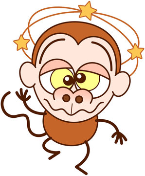 Cute brown monkey in minimalist style with huge rounded ears, bulging eyes and long tail while showing yellow stars turning around its head, walking unsteadily and keeping balance when feeling dizzy