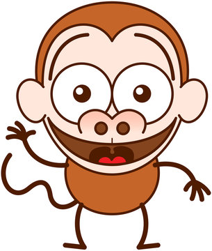 Cute brown monkey in minimalist style with big rounded ears, bulging eyes and long tail while waving, greeting and welcoming animatedly