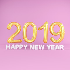 Obraz na płótnie Canvas Silvester - Neujahr - Folienluftballons in gold und der Botschaft Happy New Year in weiß auf pinken Hintergrund - repräsentiert das neue Jahr 2019