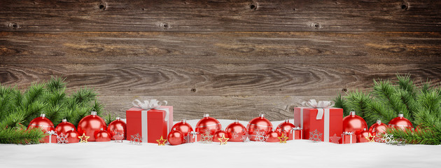 Red christmas baubles and gifts lined up 3D rendering