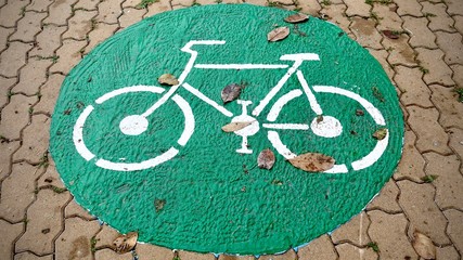 bicycle lane on the pavement road in public park. Bike lanes or cycle lanes are types of bikeways (cycleways) with lanes on the roadway for cyclists only.