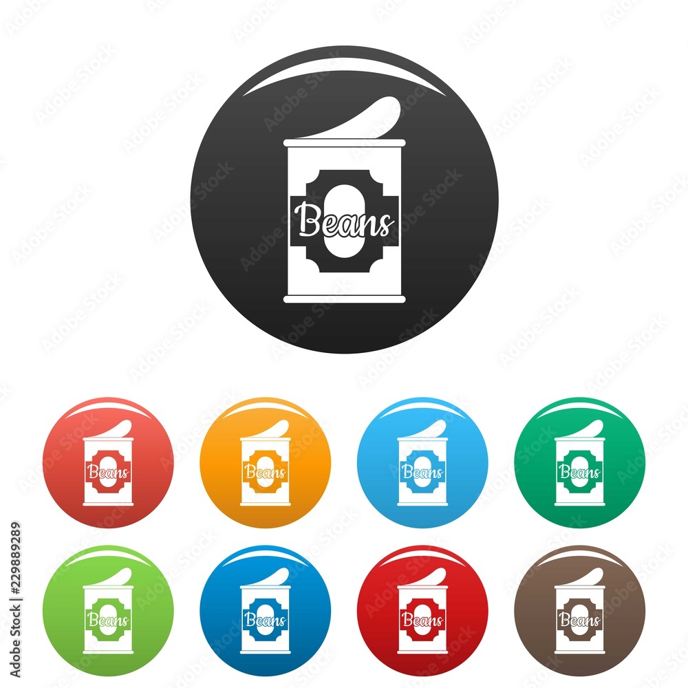 Poster beans tin can icons set 9 color vector isolated on white for any design