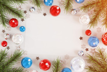 Christmas card mockup with blue and red baubles 3D rendering