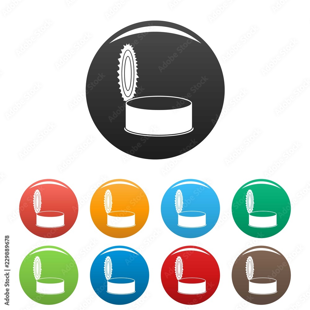 Poster open silver tin can icons set 9 color vector isolated on white for any design