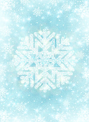 Snow frost effect on blue background. Scatter falling round particles and snowflakes. Holiday Christmas club poster. Party New Year design banner. Vector glitter snowflake with lights effects.