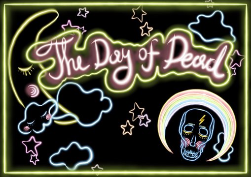 day of the dead banner with black background and fluorescent letters, skull and decorations around