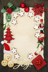 Christmas invitation or letter to Father Christmas concept with joy sign, decorations, mince pies,...