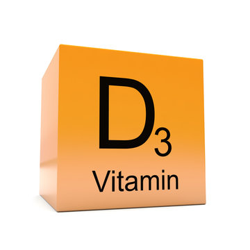 Vitamin D3 symbol on yellow orange glossy cube on white background 3D render