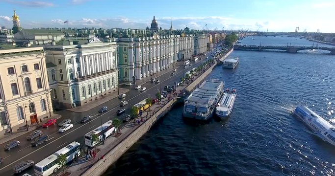 Aerial view of the Neva River and the Palace Embankment in St. Petersburg, Russia.