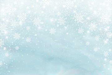 Snow frost effect on blue background. Vector Illustration. Abstract bright white shimmer lights and snowflakes. Glowing blizzard. Scatter falling round particles.
