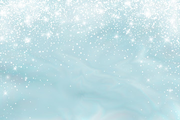 Snow frost effect on blue background. Vector Illustration. Abstract bright white shimmer lights and snowflakes. Glowing blizzard. Scatter falling round particles.