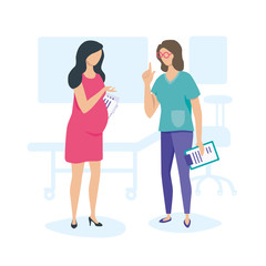 Doctor and patient, vector illustration, flat style. Pregnant woman consulting with doctor. Medical, pregnancy check-up, diagnostics, analysis, conversation, dialogue. 
