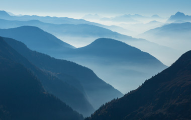 A foggy, autumn afternoon in a mountain wilderness. Mont Blanc Massif, France.