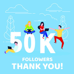 Thank you 50000 followers numbers postcard. People man, woman big numbers flat style design 50k thanks vector illustration isolated on blue background. Template for internet media and social network.