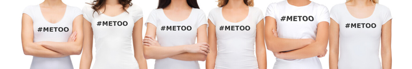 social issue concept - group of women in white t-shirts with metoo hashtag in solidarity with movement against sexual assault and harassment