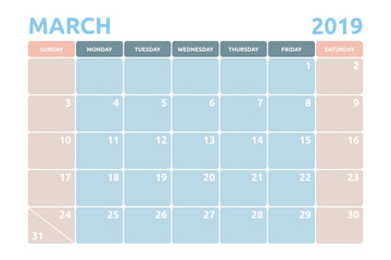 Minimal Calendar design for March of 2019 with copy space for desk planner and organiser the appointment.
