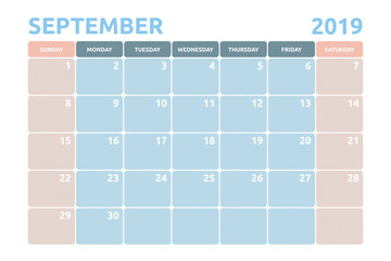 Minimal Calendar design for September of 2019 with copy space for desk planner and organiser the appointment.